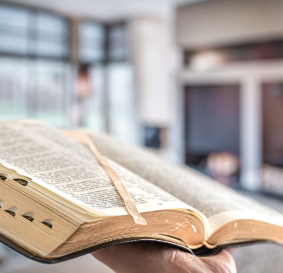 A man holds a Bible against the background of the living room. Reading a book in a cozy atmosphere. Close up.
